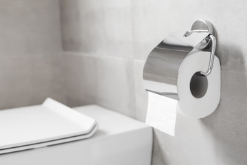 Roll of toilet paper hanging on metal toilet-paper holder at restroom