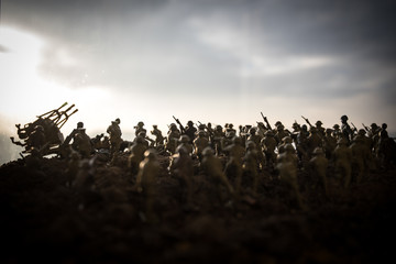 War Concept. Military silhouettes fighting scene on war fog sky background, World War Soldiers...