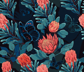 Tropical bohemian paradise in the night, seamless pattern, protea flowers and butterflies_vector illustration