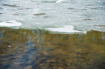 River quietly flowing flows through the forest in early spring