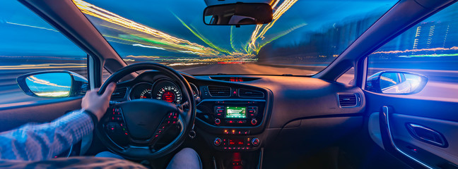 Car interior panorama in motion at high speed - obrazy, fototapety, plakaty