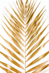 Gold tropical palm leaves on white background. Flat lay, top view minimal concept.