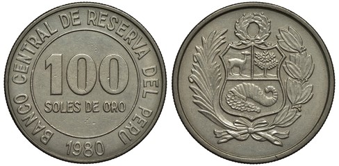 Peru Peruvian coin 100 one hundred soles 1980, denomination within central circle, arms, shield...