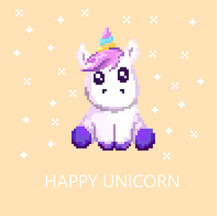 rainbow pixel happy unicorn children's illustration 8 bit