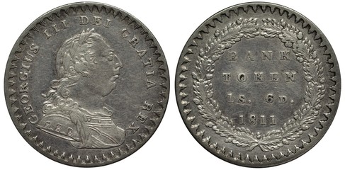Great Britain British silver coin token 1 one shilling 6 six pence 1811, laureate bust of King...