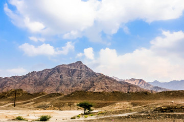 Geological landscape of Jabal Jais characterised by dry and rocky mountains, Road between mud mountains in Ras Al Khaimah, United Arab Emirates