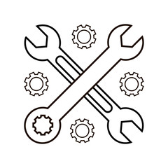 Two crossed wrenches with cogs on white background