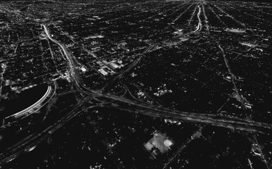 Aerial view of a massive highway in Los Angeles, CA at night