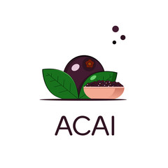   Big acai berry.Plate with acai berries on a white isolated background. Composition. Vector illustration.