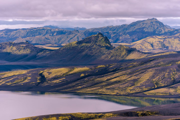 Landscape of Lakagigar volcanic fissure area at Lambavatn lake Southern highlands of Iceland.