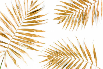 Naklejka premium Złote palmy tropikalne pozostawia na białym tle. Minimalna koncepcja płaskiego lay, widoku z góry.