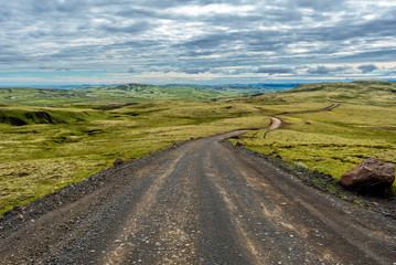 Fjallabaksleid sydri F208 road viewed in the southern direction, the road crossing desert landscape of Icelandic Sudurland