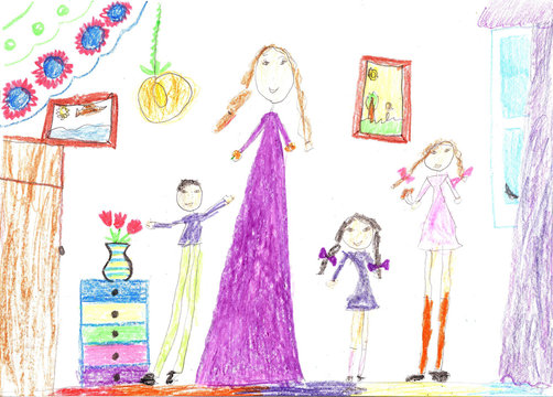 Children drawing of a happy family inside house. Housewife doing household chores