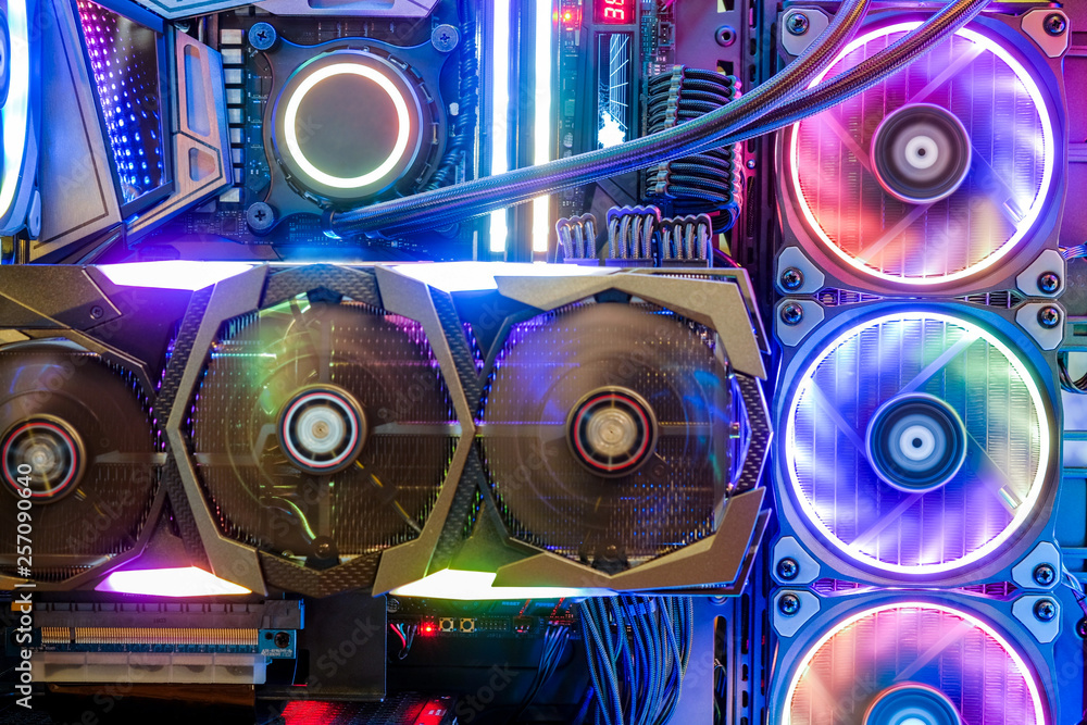 Poster desktop computer gaming with multicolor led light show on working