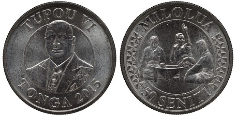 Tonga Tongan coin 50 fifty seniti 2015, portrait of King Tupou VI within central circle, Milolua royal ceremony, three people around something,