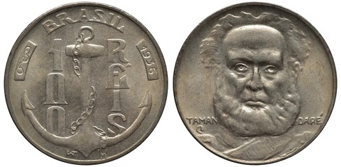 Brazil Brazilian coin 100 one hundred reis 1936, anchor with chain divides denomination, first...