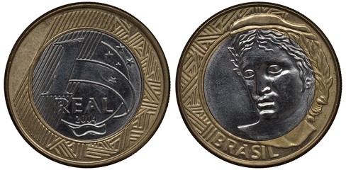 Brazil Brazilian bimetallic coin 1 one real 2004, denomination and date within central circle,...