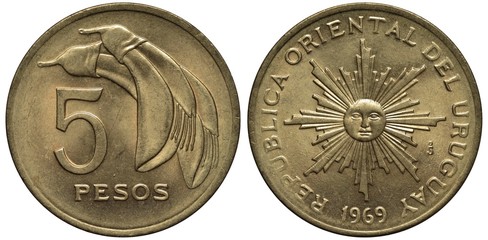 Uruguay Uruguayan coin 5 five pesos 1969, value below flower, radian sun in centre, date below, 
