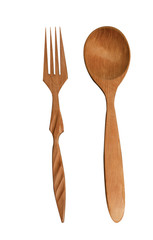Wooden spoon and fork on white background. Isolated objects. Kitchen utensils. Tableware.