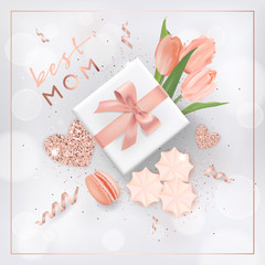 Happy Mothers Day Banner with Flowers. Mother Day Design with Golden Glitter Elements, Gift Box for Greeting Card, Flyer, Poster Sale Template. Vector illustration