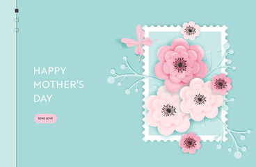 Happy Mothers Day Landing Page Template. Mothers Day Holiday Web Banner with Paper Cut Flowers for Flyer, Brochure, Website Spring Sale. Vector illustration