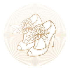 Glamorous Women's Shoes Sandals with Floral Decoration for Romantic Spring or  Hot Summer Vintage Retro Line Art Vector Illustration