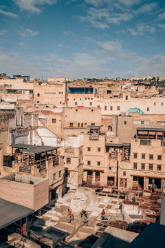 A panorama view of the traditional houses of the largest medina and tannery in Morocco in Fez.