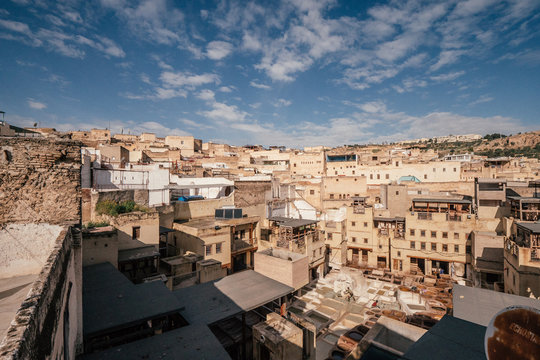 A panorama view of the traditional houses of the largest medina and tannery in Morocco in Fez.