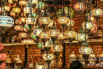 Traditional bright decorative hanging Turkish lamps and colourful lights with vivid colours  in the Istanbul Bazaar, Turkey