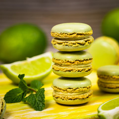Lime and Mint Flavored Green Macaron. Selective focus.