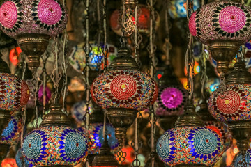 Traditional bright decorative hanging Turkish lamps and colourful lights with vivid colours  in the Istanbul Bazaar, Turkey