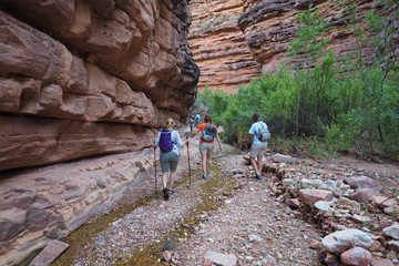Family of backpackers day hiking in Hance Creek during a multi-day backpacking trip in Grand Canyon National Park, Arizona.