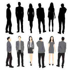 Set of silhouettes of men and women standing in different poses, cartoon character, group of business people, vector illustration, flat designe icon, multicolored isolated on white 