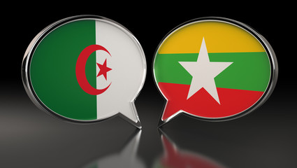 Algeria and Myanmar flags with Speech Bubbles. 3D Illustration
