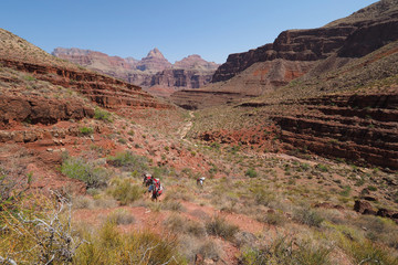 Backpackers descending the Tonto Trail in Mineral Canyon in Grand Canyon National Park, Arizona on a clear May morning.