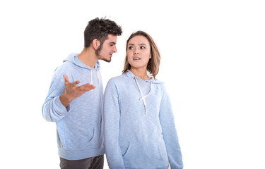 Man shouting at woman, arguing couple isolated on white