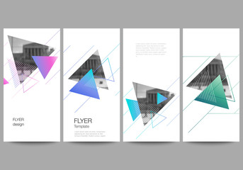 The minimalistic vector illustration of the editable layout of flyer, banner design templates. Colorful polygonal background with triangles with modern memphis pattern.