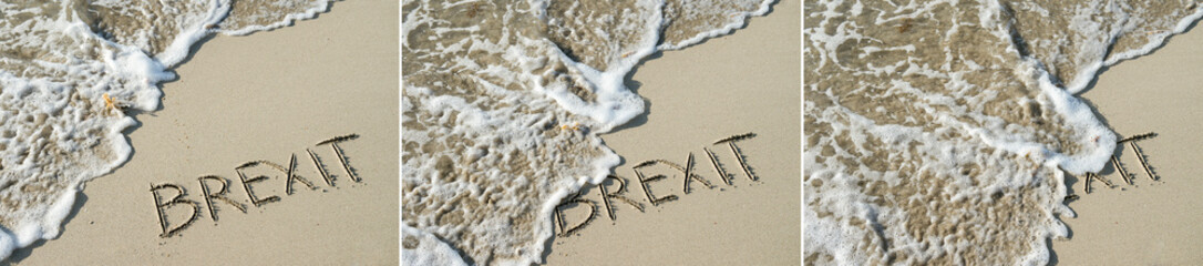 Series of a Brexit message handwritten in smooth sand on the shore of a sunny beach with incoming wave washing over