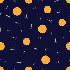 Seamless rocket pattern with yellow planets on a dark blue background