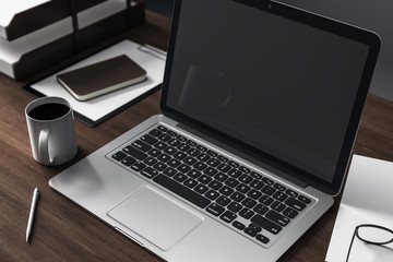 Wooden desk top with notebook