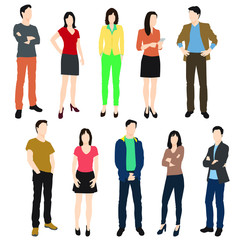 Obraz premium Set of men and women standing, in various poses, cartoon character, people, business, group, vector silhouette, flat designe icon, different colors, isolated on white background