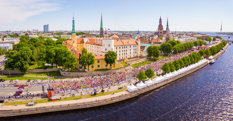 May 20, 2018. Riga, Latvia. Aerial view on the marathon runners. Running through the city.