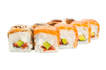 Philadelphia roll sushi with salmon, avocado, cream cheese, flying fish roe isolated on white background for menu. Japanese food