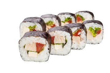 Classical  roll sushi with lettuce, sweet pepper, cheese and chiken isolated on white background for menu. Japanese food