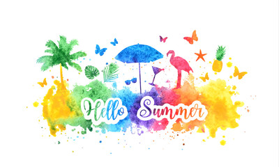 Hello summer bright rainbow banner, postcard. Watercolor splash background and summer silhouettes of palm tree, flamingo, sunglasses and tropical leaves. Vector illustration. © Vika92