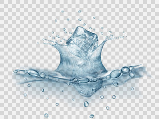 Translucent water surface with crown and drops from falling ice cubes. Splash in gray colors, isolated on transparent backdrop. Side view. Transparency only in vector file