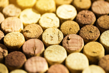 Wine bottle corks stopper closeup, top view