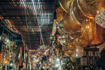 The famous oriental lamps of Morocco, hanging in one of the souks of the ancient medina of...