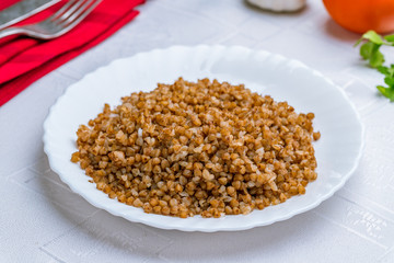 Boiled buckwheat in a plate