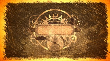 Steampunk vintage signboard with cogs, gears on canvas paper